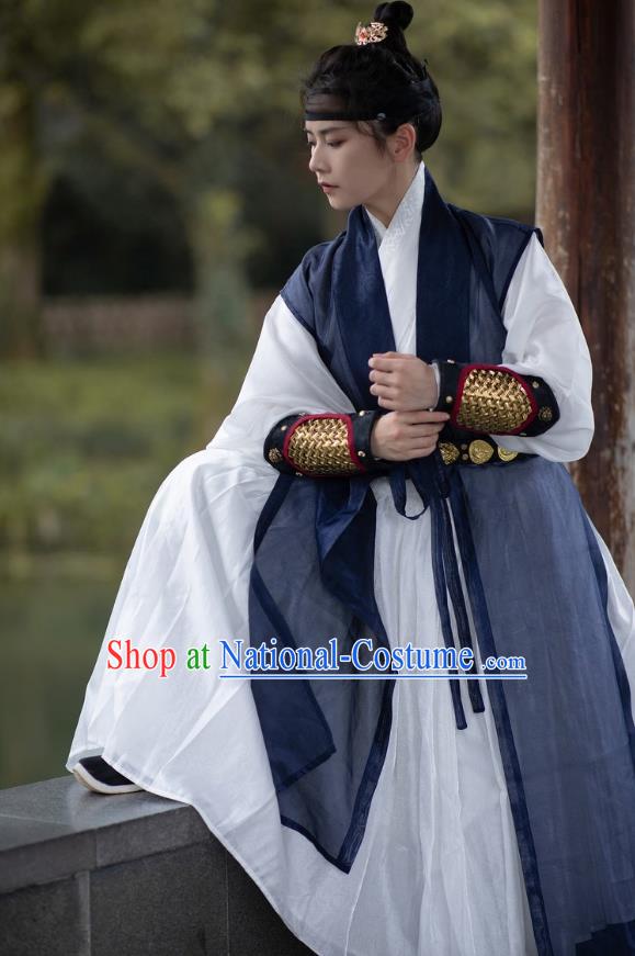 Chinese Ming Dynasty Swordsman Clothing Ancient Young Knight Costumes Hanfu Navy Vest and White Gown Complete Set