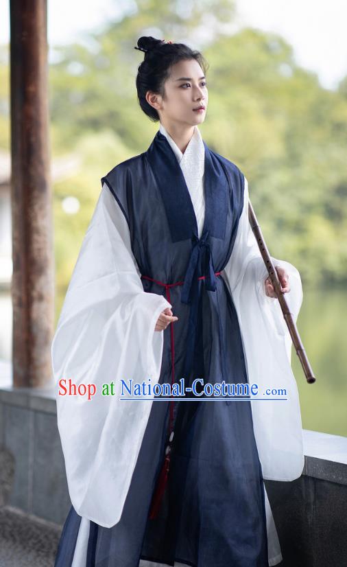 Chinese Ming Dynasty Swordsman Clothing Ancient Young Knight Costumes Hanfu Navy Vest and White Gown Complete Set