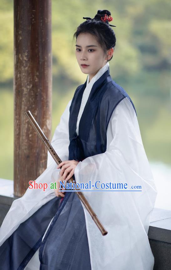 Chinese Ming Dynasty Swordsman Clothing Ancient Young Knight Costumes Hanfu Navy Vest and White Gown Complete Set