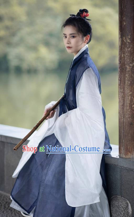 Chinese Ming Dynasty Swordsman Clothing Ancient Young Knight Costumes Hanfu Navy Vest and White Gown Complete Set