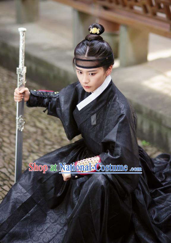 Chinese Hanfu Yisan Black Gown Ming Dynasty Swordsman Clothing Ancient Young Knight Costume