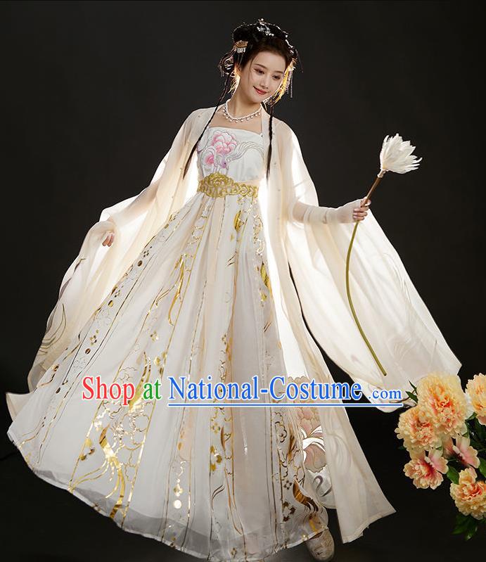 Chinese Ancient Moon Goddess Garment Costumes Tang Dynasty Princess Clothing White Hanfu Dresses Ru Qun and Cape