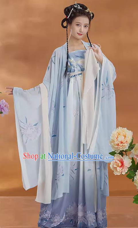 Chinese Hanfu Ruqun Blue Dresses Ancient Young Beauty Clothing Tang Dynasty Princess Garment Costumes