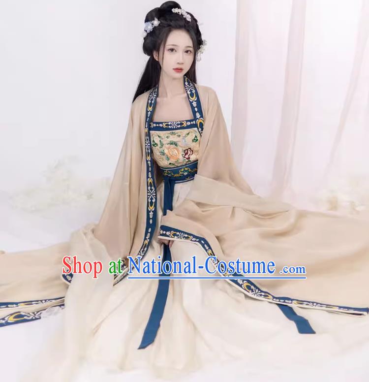 Chinese Hanfu Ru Qun Beige Dresses Ancient Flower Goddess Clothing Tang Dynasty Court Princess Garment Costumes