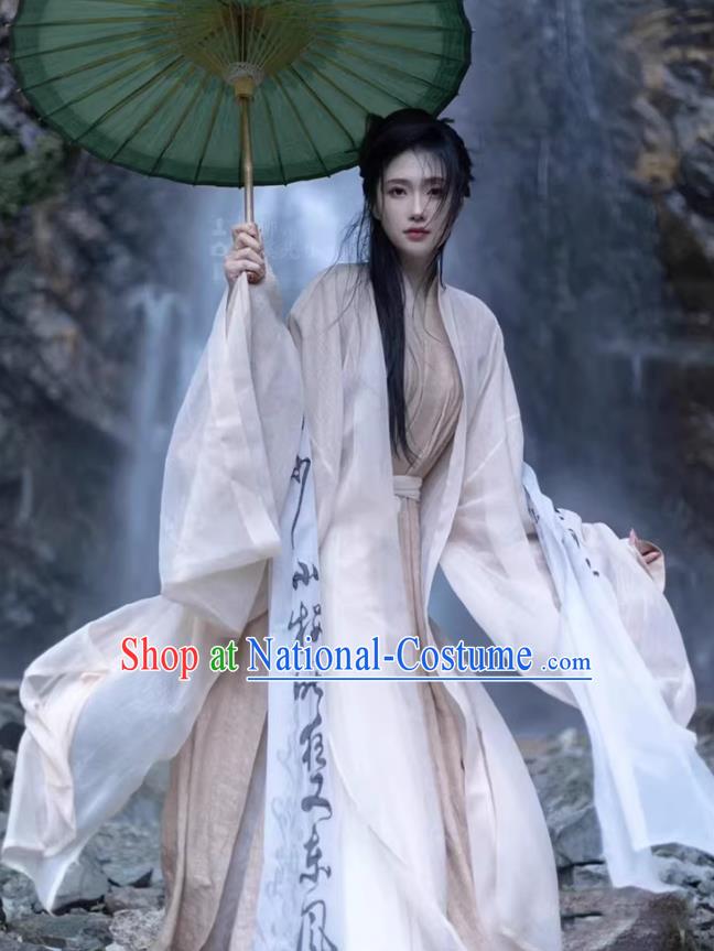 Chinese Jin Dynasty Princess Garment Costumes Beige Hanfu Dresses Ruqun Ancient Female Swordsman Clothing