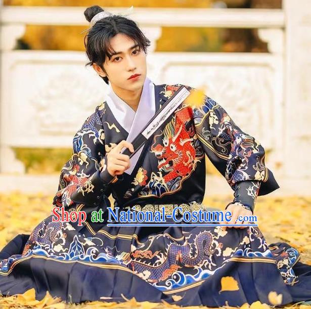 Chinese Feiyu Clothing Ancient Young Swordsman Blue Robe Ming Dynasty Imperial Guard Garment Costume