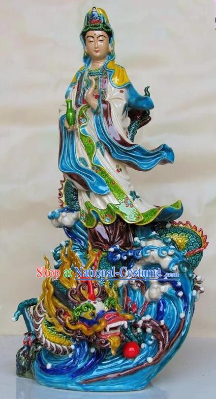 Chinese Kwan Yin Figurine Guan Yin with Dragon Statue Shiwan Ceramic Blue Avalokitesvara Sculpture