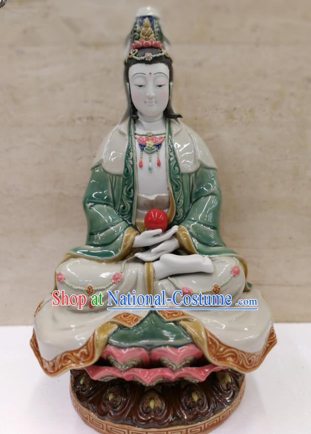 Chinese Shiwan Ceramic Sculpture Figurine Green Dress Guan Yin Statue