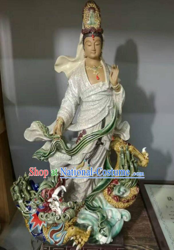 Chinese Guan Yin with Dragon Statue Shiwan Ceramic Avalokitesvara Sculpture Kwan Yin Figurine