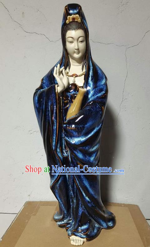 Chinese Kwan Yin Figurine Blue Dress Guan Yin Statue Shiwan Ceramic Avalokitesvara Sculpture