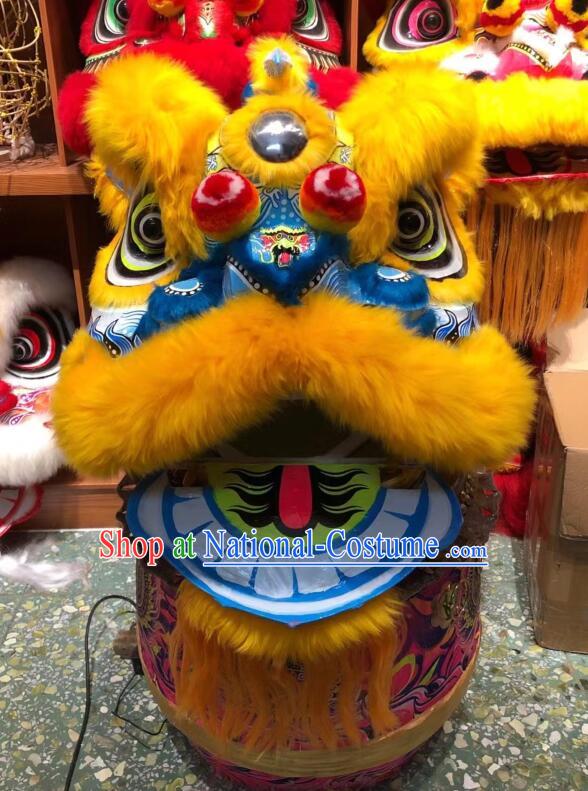 Top Handmade Light Gold Wool Hok San Lion Chinese Performance and Competition Blue Lion Dance Costumes