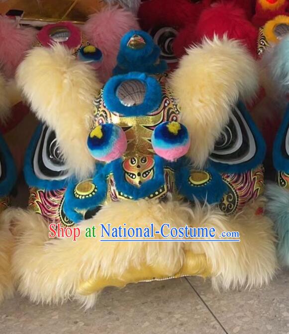 Chinese Performance and Competition Blue Lion Top Handmade Light Gold Wool Hok San Lion Dance Costumes Complete Set