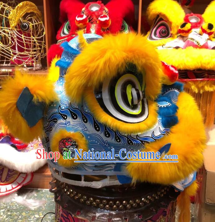 Top Handmade Light Gold Wool Hok San Lion Chinese Performance and Competition Blue Lion Dance Costumes