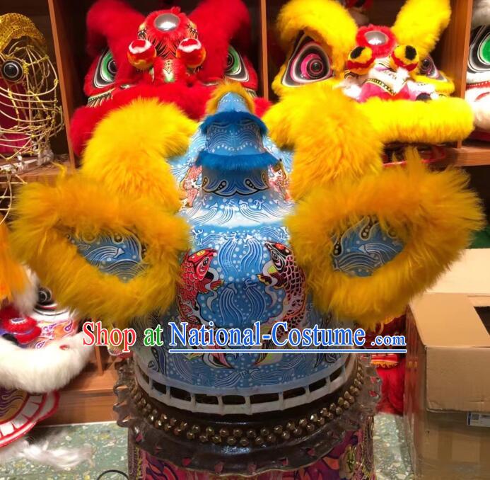 Top Handmade Light Gold Wool Hok San Lion Chinese Performance and Competition Blue Lion Dance Costumes