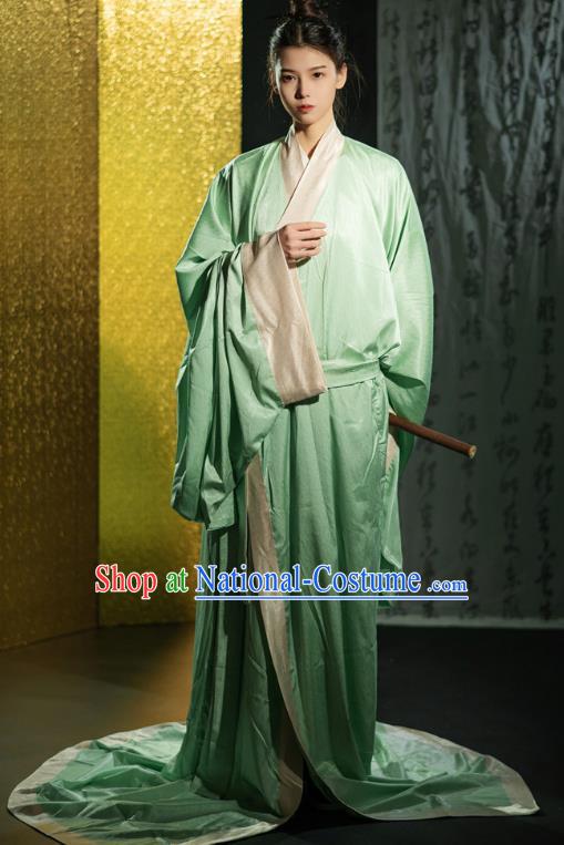 Chinese Traditional Han Fu Green Straight Front Robe Qin Dynasty Childe Clothing Ancient Handsome Scholar Costume