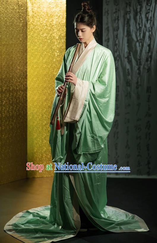 Chinese Traditional Han Fu Green Straight Front Robe Qin Dynasty Childe Clothing Ancient Handsome Scholar Costume