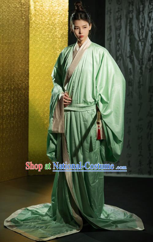 Chinese Traditional Han Fu Green Straight Front Robe Qin Dynasty Childe Clothing Ancient Handsome Scholar Costume