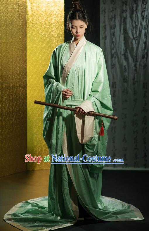 Chinese Traditional Han Fu Green Straight Front Robe Qin Dynasty Childe Clothing Ancient Handsome Scholar Costume