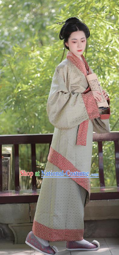 Chinese Han Dynasty Young Lady Clothing Ancient Noble Woman Costume Traditional Han Fu Curving Front Robe Grey Dress