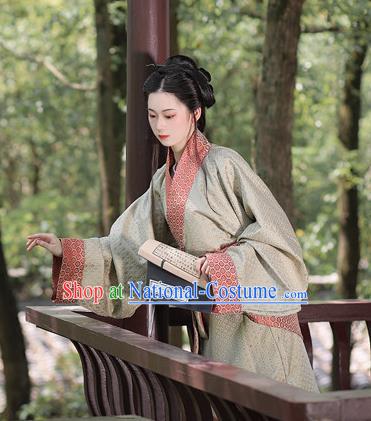 Chinese Han Dynasty Young Lady Clothing Ancient Noble Woman Costume Traditional Han Fu Curving Front Robe Grey Dress