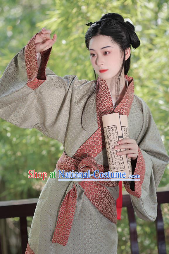 Chinese Han Dynasty Young Lady Clothing Ancient Noble Woman Costume Traditional Han Fu Curving Front Robe Grey Dress