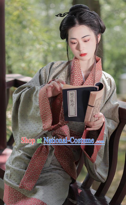 Chinese Han Dynasty Young Lady Clothing Ancient Noble Woman Costume Traditional Han Fu Curving Front Robe Grey Dress