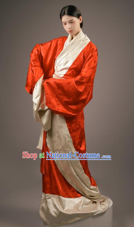 Chinese Traditional Han Fu Straight Front Robe Red Dress Han Dynasty Court Maid Clothing Ancient Palace Lady Costume