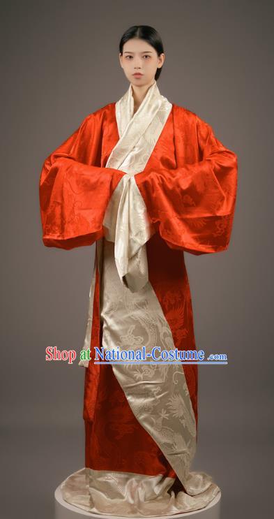 Chinese Traditional Han Fu Straight Front Robe Red Dress Han Dynasty Court Maid Clothing Ancient Palace Lady Costume