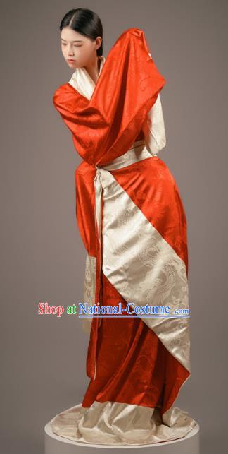 Chinese Traditional Han Fu Straight Front Robe Red Dress Han Dynasty Court Maid Clothing Ancient Palace Lady Costume