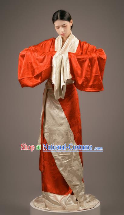 Chinese Traditional Han Fu Straight Front Robe Red Dress Han Dynasty Court Maid Clothing Ancient Palace Lady Costume