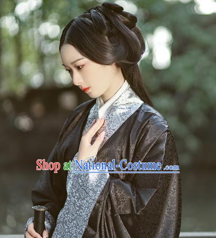 Chinese Ancient Palace Empress Costume Traditional Han Fu Straight Front Robe Black Dress Qin Dynasty Royal Princess Clothing