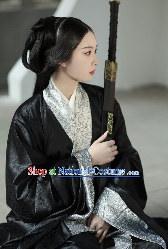 Chinese Ancient Palace Empress Costume Traditional Han Fu Straight Front Robe Black Dress Qin Dynasty Royal Princess Clothing