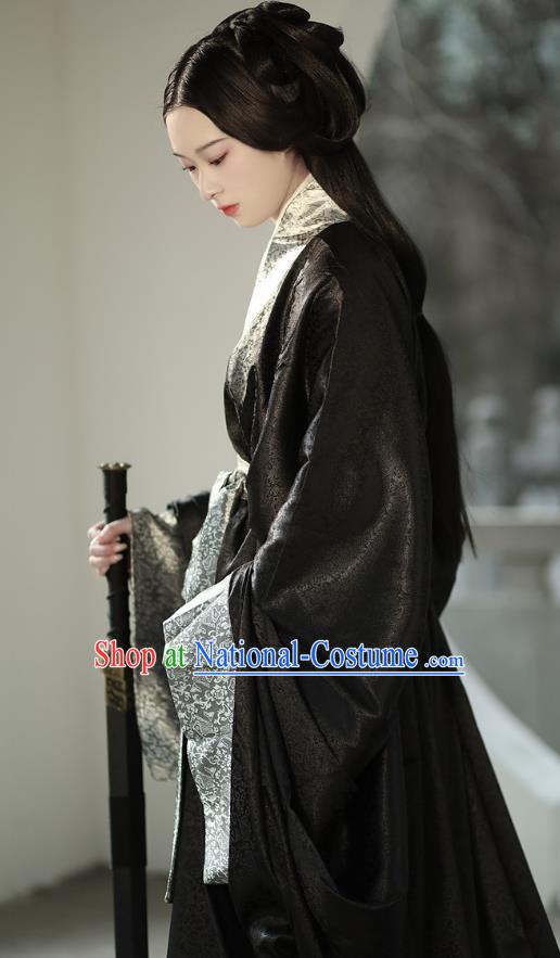 Chinese Ancient Palace Empress Costume Traditional Han Fu Straight Front Robe Black Dress Qin Dynasty Royal Princess Clothing