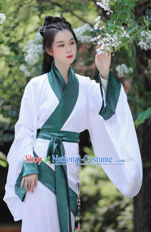 Chinese Ancient Palace Woman White Dress Traditional Han Fu Curving Front Robe Qin Dynasty Empress Garment Costume