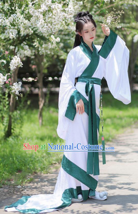 Chinese Ancient Palace Woman White Dress Traditional Han Fu Curving Front Robe Qin Dynasty Empress Garment Costume