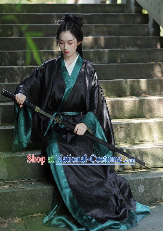 Chinese Warring States Period Female Swordsman Garment Costume Ancient Heroine Black Dress Traditional Han Fu Straight Front Robe