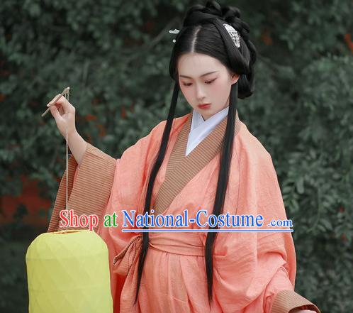 Chinese Qin Dynasty Princess Garment Costume Ancient Young Beauty Pink Dress Traditional Han Fu Straight Front Robe