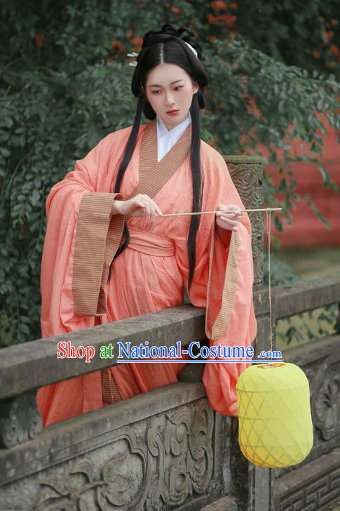 Chinese Qin Dynasty Princess Garment Costume Ancient Young Beauty Pink Dress Traditional Han Fu Straight Front Robe