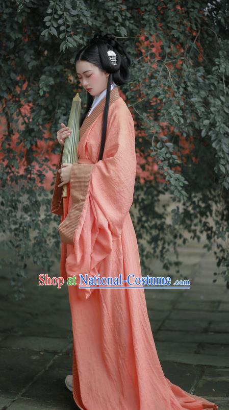 Chinese Qin Dynasty Princess Garment Costume Ancient Young Beauty Pink Dress Traditional Han Fu Straight Front Robe