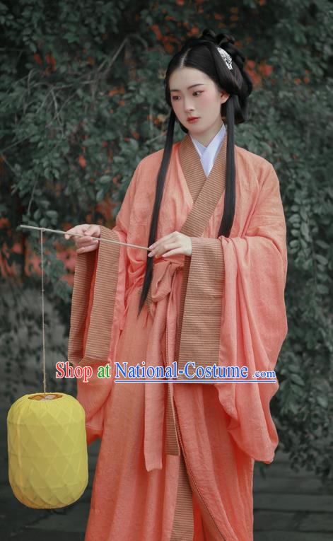 Chinese Qin Dynasty Princess Garment Costume Ancient Young Beauty Pink Dress Traditional Han Fu Straight Front Robe