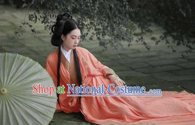 Chinese Qin Dynasty Princess Garment Costume Ancient Young Beauty Pink Dress Traditional Han Fu Straight Front Robe