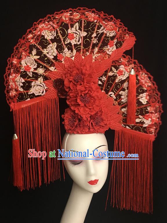 Chinese Stage Performance Lace Fans Crown Handmade Red Peony Headdress Top Tassel Headwear