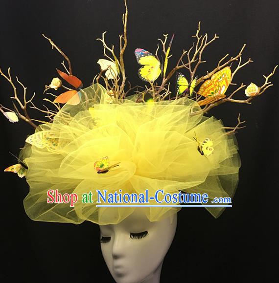 Handmade Yellow Veil Headdress Cheongsam Catwalk Headwear Stage Performance Branch Crown