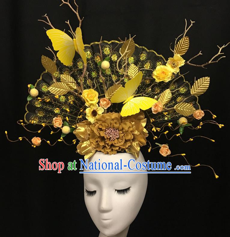 Handmade Stage Performance Golden Fan Crown Lace Fan Headdress Cheongsam Catwalk Headwear