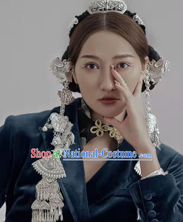 Chinese Stage Performance Hair Jewelries Handmade Silvery Headdress Miao Ethnic Woman Headpieces