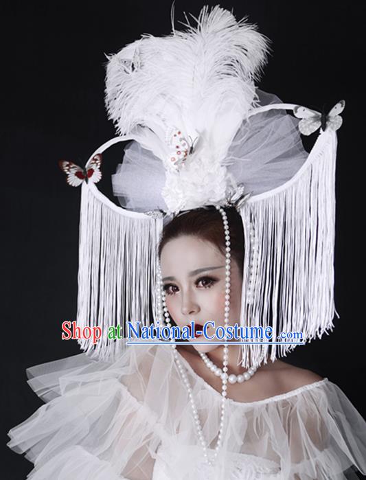 Top Model Contest Hair Accessories Catwalks White Tassel Crown Handmade Stage Show Feather Headdress