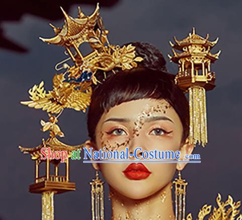 Chinese Handmade Stage Show Headdress Top Model Contest Hair Accessories Catwalks Golden Palace Headpieces