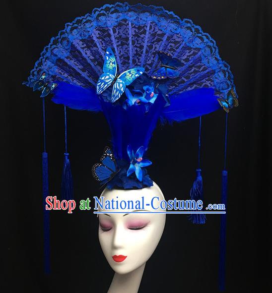 Chinese Model Contest Crown Catwalks Blue Flowers Headpiece Handmade Stage Show Headdress