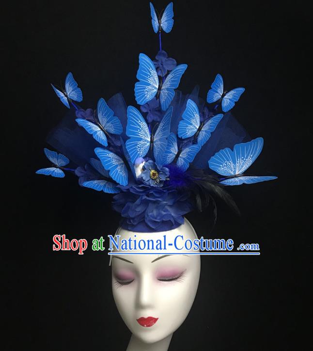 Chinese Handmade Stage Show Headdress Model Contest Crown Catwalks Blue Butterfly Headpiece