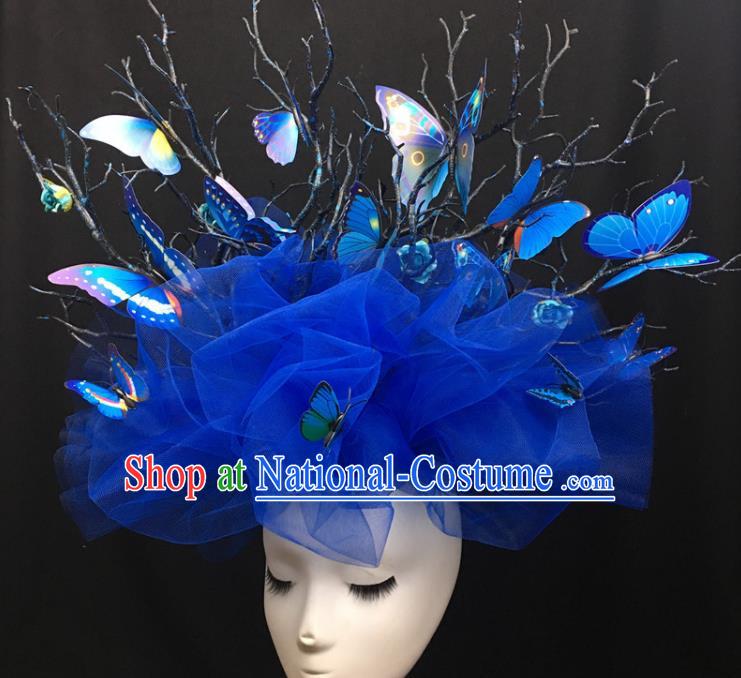 Chinese Catwalks Blue Butterfly Headpiece Handmade Stage Show Headdress Model Contest Veil Crown